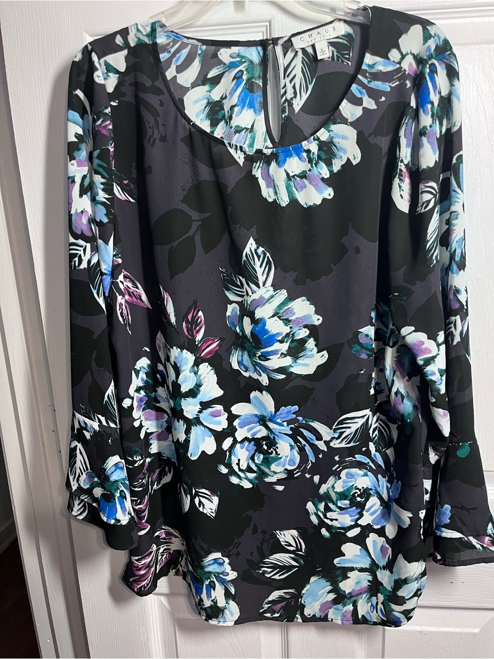 Chaus Black Floral Blouse with Blue and Purple Accents
